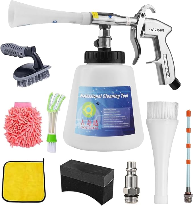 GOCCIDA 8 Car Cleaning Kit, Car Detailing Kit Cleaning Works with Air Compressor (Sponge Cloth + 5 x Brush Tips + Replacement Hose) 8 Parts Car Cleaning kit