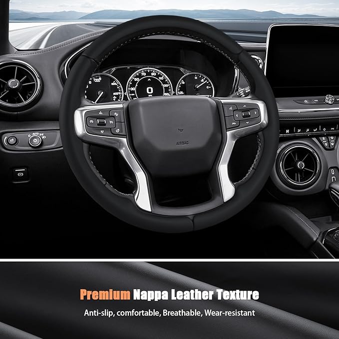 Aimato Customized Steering Wheel Cover for Chevy Silverado 1500 2019-2026/2500 3500 2020-2026/Blazer 2019-2025/Suburban Tahoe 2021-2024,Thin,Anti-Slip,Scratch-Resistant Car Accessory for Chevrolet