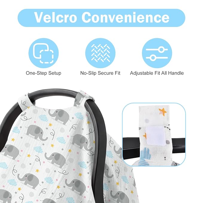 Baby Car Seat Cover - 100% Muslin Cotton Universal Breathable Canopies for Boys and Girls Soft Spring Summer Car Seat Cover Lightweight Infant Car Seat Canopy - Gray Elephants