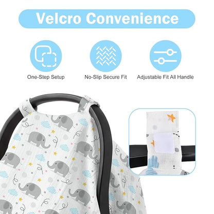 Baby Car Seat Cover - 100% Muslin Cotton Universal Breathable Canopies for Boys and Girls Soft Spring Summer Car Seat Cover Lightweight Infant Car Seat Canopy - Gray Elephants