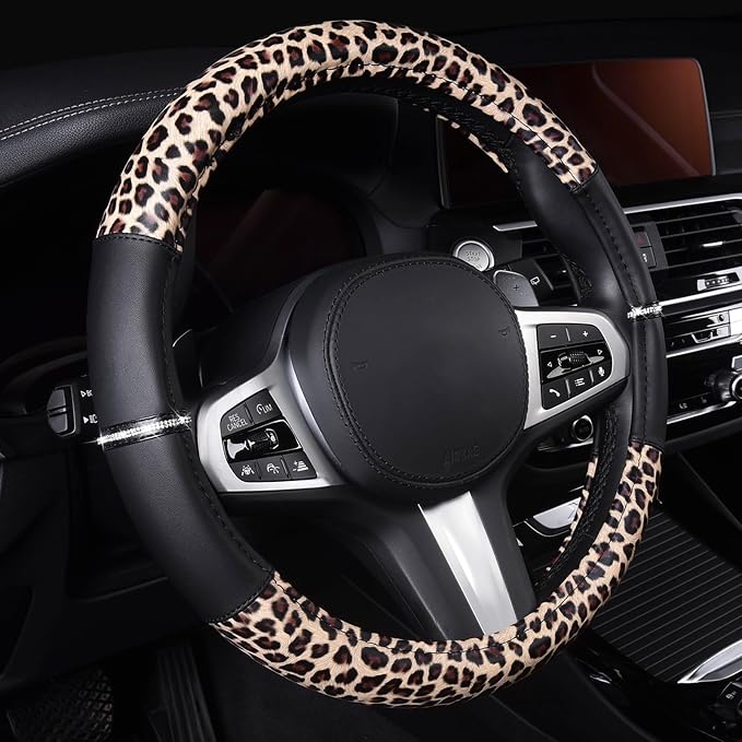 AUTOYOUTH Leopard Steering Wheel Cover - Bling Crystal Rhinestones Cheetah Print on Leather Non-Slip Breathable Design for Women/Girls Universal Fit 14.5-15 Inch(Black & Yellow)