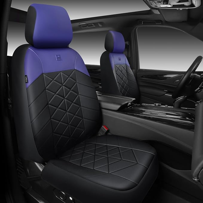 CAR PASS Memory Foam Leather Seat Covers Full Set, Breathable Perforated Nappa Leather Seat Covers Universal Fit for Most Cars,Sedans,SUV,Trucks Thick 3D Foam Comfortable, Airbag Compatible Black Blue