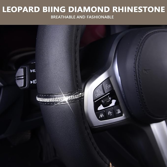 AUTOYOUTH Leopard Steering Wheel Cover - Bling Crystal Rhinestones Cheetah Print on Leather Non-Slip Breathable Design for Women/Girls Universal Fit 14.5-15 Inch(Black & Yellow)