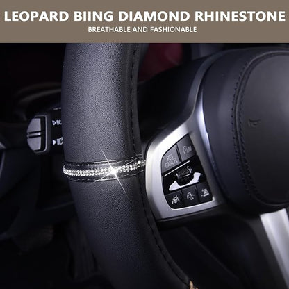 AUTOYOUTH Leopard Steering Wheel Cover - Bling Crystal Rhinestones Cheetah Print on Leather Non-Slip Breathable Design for Women/Girls Universal Fit 14.5-15 Inch(Black & Yellow)