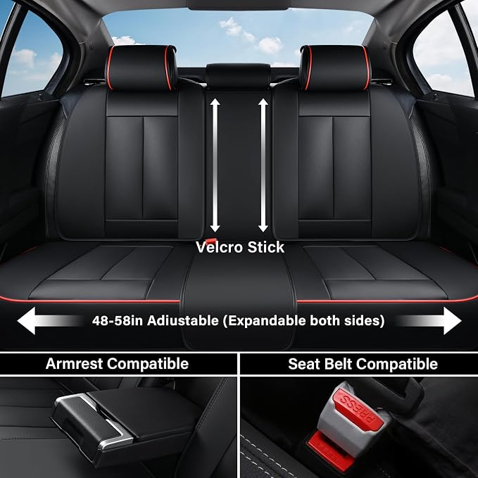 Coverado Car Seat Covers Full Set, Black Redline Seat Covers for Cars, Automotive Seat Covers, Waterproof Nappa Leather Front Seats and Back Car Seat Protector, Universal Fit for Most Cars SUV Trucks