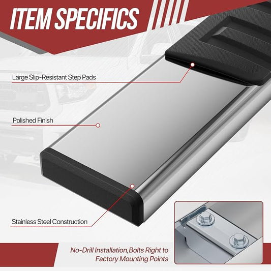 6.75 inch Side Step Bar Running Boards Compatible with 2007-2019 Chevy Silverado 1500 2500 3500 HD Compatible with GMC Sierra 07-19 2 Door Standard Cab Stainless Steel Chrome