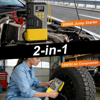 Portable Car Jump Starter with Air Compressor for Emergencies,3000A Peak and 150 PSI Max,for 12L Gas & 10L Diesel Engines,LCD Display,LED Light