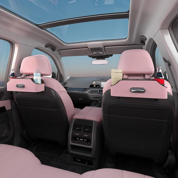 Car Rear Backseat Extra Multifunctional Drink Cup Holder Organizers with Tissue Storage Box Organizer & Hooks for Car Seat Back. Pink