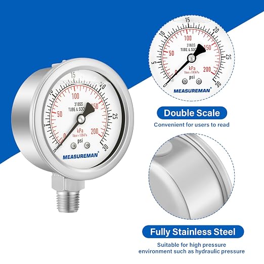MEASUREMAN Fully Stainless Steel Hydraulic Glycerin Filled Pressure Gauge, 2-1/2" Dial Size,0-30psi/kpa,1/4" NPT Lower Mount