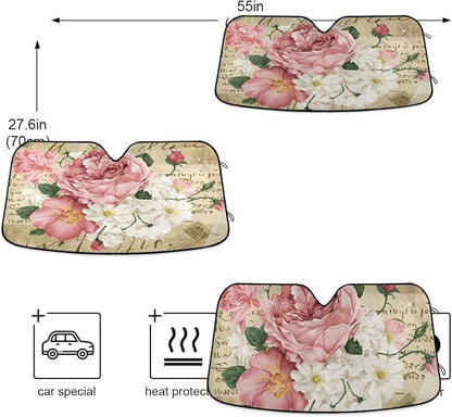 Vintage Shabby Chic Pink Rose Floral Car Windshield Sunshade,Foldable Car Sun Shade for Front Windshield Sunshades Protector Blocks UV Rays Sun Visor Protect and Cool Your Vehicle Interior