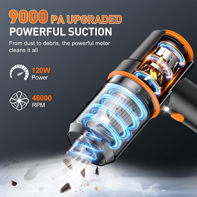 KMM Handheld Car Vacuum Cleaner, 9000PA Vacuum Cleaner & Air Duster, 120W High Power Vacuum Portable Cordless, Hand Held Vacuum Rechargeable with Multi-Nozzles & LED Light for Home, Car, Office