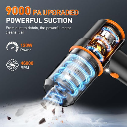 KMM Handheld Car Vacuum Cleaner, 9000PA Vacuum Cleaner & Air Duster, 120W High Power Vacuum Portable Cordless, Hand Held Vacuum Rechargeable with Multi-Nozzles & LED Light for Home, Car, Office