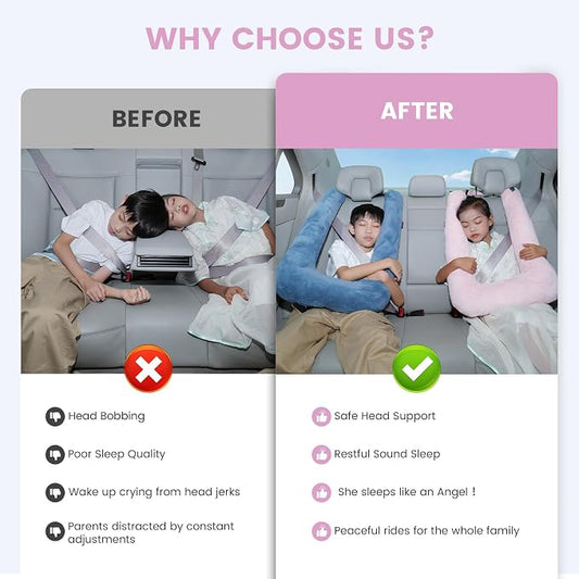 Keemall Car Pillow for Kids, Professional Inflatable Kids Car Pillow for Sleeping Carseat Travel - Safe, Reliable - Inflatable Travel Pillows for Kid Adult Car Seats Pink
