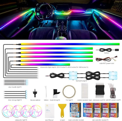2026 Upgraded Car Ambient Lighting Kits Dreamcolor Acrylic Interior Car LED Strip Light with Wireless APP, RGB 22 in 1 Dynamic Chasing Music Sync LEDs Fiber Optic Strip Lights