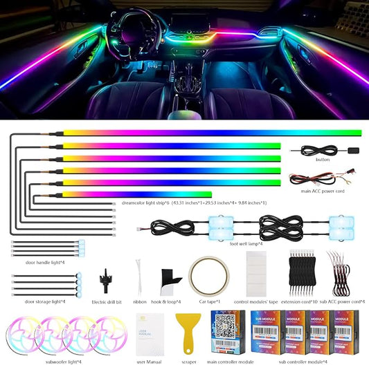 2026 Upgraded Car Ambient Lighting Kits Dreamcolor Acrylic Interior Car LED Strip Light with Wireless APP, RGB 22 in 1 Dynamic Chasing Music Sync LEDs Fiber Optic Strip Lights
