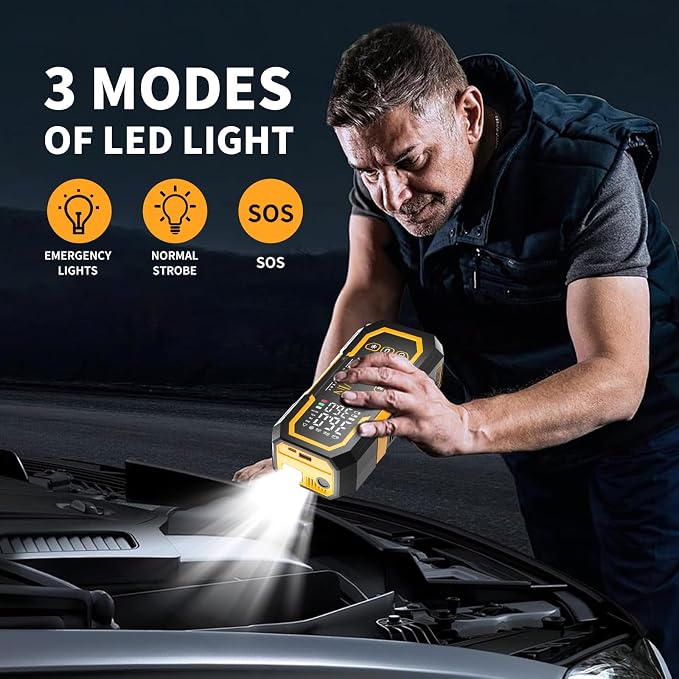 Jump Starter with Air Compressor, Battery Jumper Starter Portable(9.0 Gas/6.5L Diesel) with Tire Inflator, 12V Car Battery Jump Starter with Smart Jumper Cables, LED Light, LCD Display
