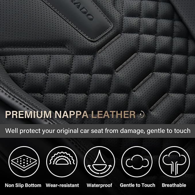 Coverado Car Seat Cover, Front Seat Cover, 2 Pack Universal Seat Covers for Cars, Breathable Nappa Leather Seat Cover, Waterproof Car Seat Protectors, Automotive Seat Covers Fit for Most Cars Black