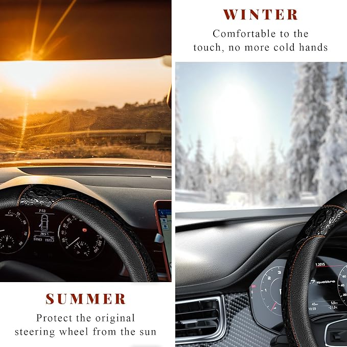 Leather Car Steering Wheel Cover, 15" Crocodile Pattern Anti Slip Car Wheel Wrap with Rose Grain, Four Seasons Universal Auto Steering Wheel Protector for Cars Trucks SUVs (Black & Black)