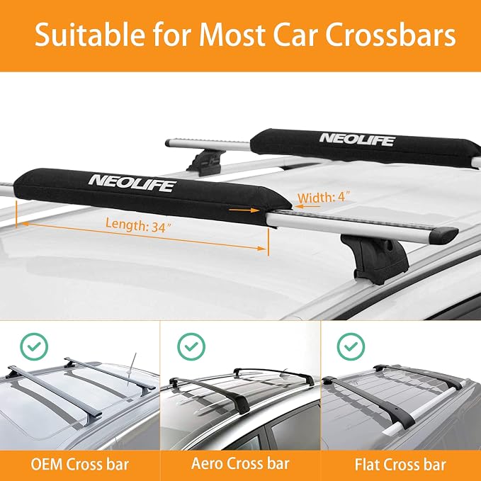 Soft Roof Rack Pads with Two 15 Ft Tie Down Straps for Surfboard, SUP Paddleboard, Snowboard, 28/34inch (Pair)