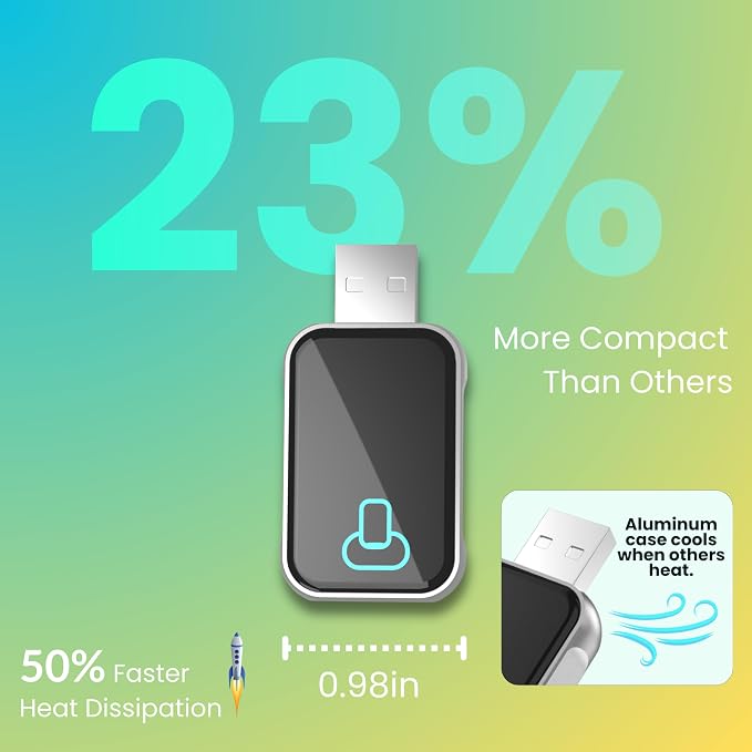 Wireless CarPlay Adapter for iPhone, Aluminum Cooling Carplay Receiver | Aluminum metal fast cooling, anti-interference stable connection, no lag audio, instant auto reconnect