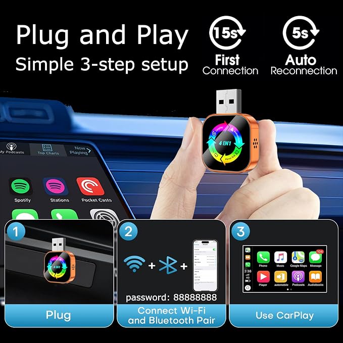 Wireless CarPlay Adapter 4-in-1,2026 Upgraded Screen Mirroring,Support Mirror Link/AirPlay for Apple CarPlay & Android Auto,for Cars with Wired CarPlay, Fast Auto-Connection, Plug & Play-Orange