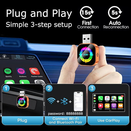 Wireless CarPlay Adapter 4-in-1,2026 Upgraded Screen Mirroring,Support Mirror Link/AirPlay for Apple CarPlay & Android Auto,for Cars with Wired CarPlay, Fast Auto-Connection, Plug & Play-Orange