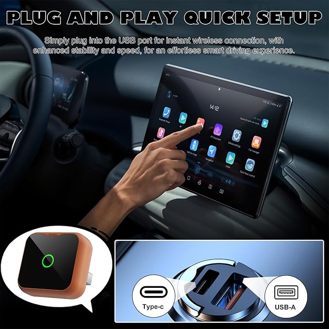 2-in-1 Wireless CarPlay Android Auto Adapter, Plug & Play Wired to Wireless Converter for iPhone Android, Fast Auto Connect,Stable,OTA Update, Ultra Compact (Orange)