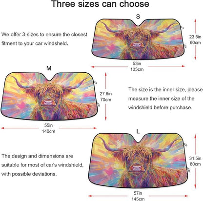 Windshield Sun Shade Abstract Highland Cow Front Window Block UV Shades Visor Reflective Retractable for Car SUV Trucks