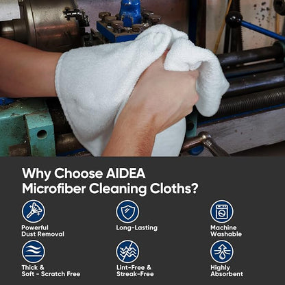 AIDEA Microfiber Cleaning Cloth White-100PK, Absorbent Cleaning Rags, Commercial Shop Rags Lint-Free, Scratch-Free, White Microfiber Towels for Cars, Kitchen Towels White 12in x 12in