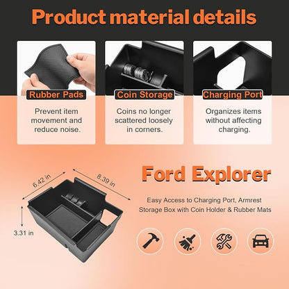 Ford Explorer 2020-2026 Console Organizer Tray, | Easy Access to Charging Port, Armrest Storage Box, Coin Holder & Rubber Mats, Black Trim