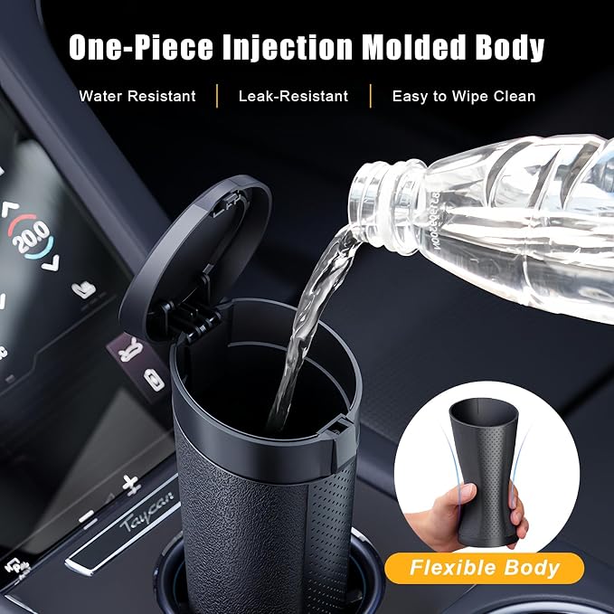 Car Trash Can Cup Holder with Lid, Leakproof Silent Mini Trash Can for Car, Press & Pop, Small Automotive Garbage Bin for SUV, Truck, Office, Home, Bedroom