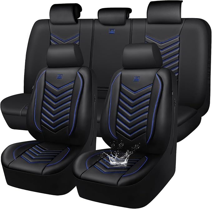 CAR PASS 3D Foam Faux Leather Seat Covers Full Set, Waterproof Leather Seat Cover for Cars, Luxury Universal Fit for SUV Truck Sedan Automotive, Armrest Airbag Compatible Anti-Slip, Black and Blue