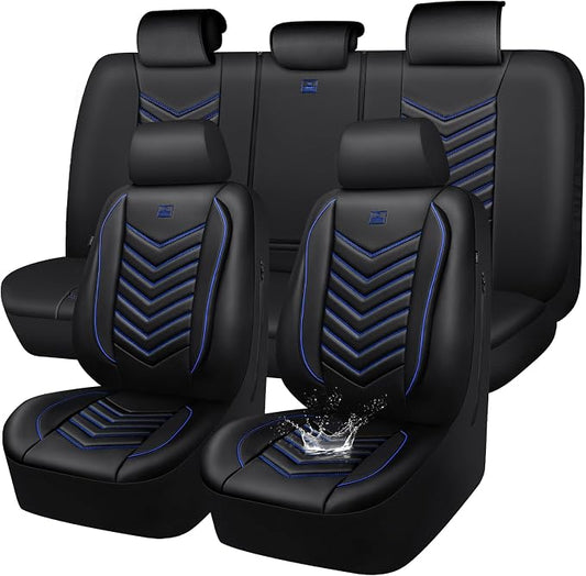 CAR PASS 3D Foam Faux Leather Seat Covers Full Set, Waterproof Leather Seat Cover for Cars, Luxury Universal Fit for SUV Truck Sedan Automotive, Armrest Airbag Compatible Anti-Slip, Black and Blue