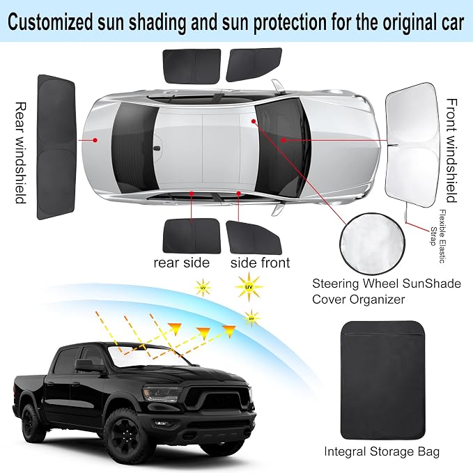 TINGLU Window Shades for Dodge RAM 1500 2019-2026 CrewCab,MegaCab Pickup,2Dr RegularCab,4Dr QuadCab Accessories Car Side Full Windows Windshield Sun Shade Camping Sun UV Rays Privacy Protection 6PCS