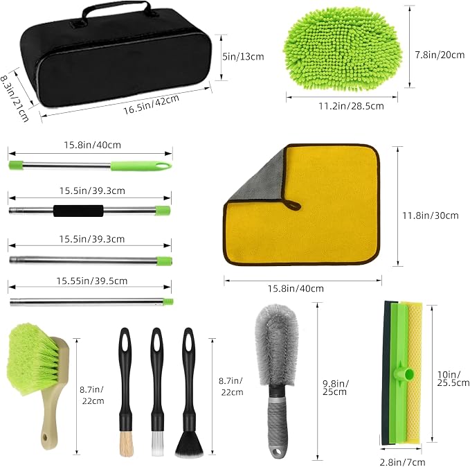 62" Car Wash Brush with Long Handle, Car Wash Kit Include Microfiber Cleaning Mop, Wheel Brush, Windshield Window Squeegee, Towel, Detail Brush, Storage Bag, for Cleaning Cars, RV, Truck, Boat