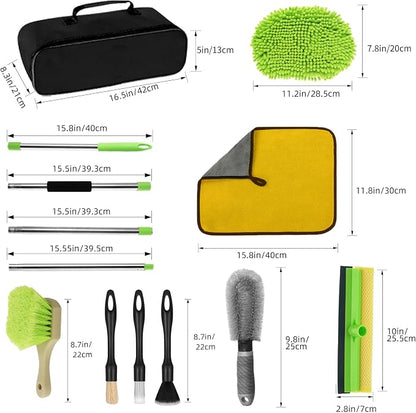62" Car Wash Brush with Long Handle, Car Wash Kit Include Microfiber Cleaning Mop, Wheel Brush, Windshield Window Squeegee, Towel, Detail Brush, Storage Bag, for Cleaning Cars, RV, Truck, Boat