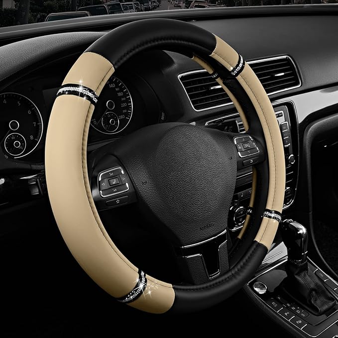 Road Comfort Leather Steering Wheel Cover – Premium Anti-Slip Car Steering Wheel Grip Cover – Universal Fit for 14.5”–15” Cars, Trucks & SUVs - Beige