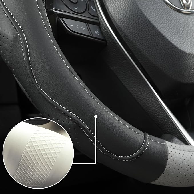 West Llama 3D Texture Steering Wheel Cover for Toyota, Anti-Slip Design, Premium Leather, Custom Fit for 14.5-15 inch, Stylish Interior Decoration(Gray+Black-Standard Size)