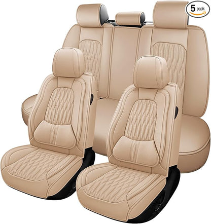 WELLDO Car Seat Covers, 5 Seats, Beige-White | Waterproof, Scratch-Resistant, Breathable & Easy to Clean, Universal Fit for SUV Sedan Truck, Full Set