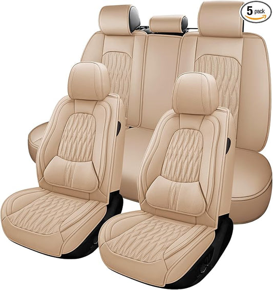 WELLDO Car Seat Covers, 5 Seats, Beige-White | Waterproof, Scratch-Resistant, Breathable & Easy to Clean, Universal Fit for SUV Sedan Truck, Full Set