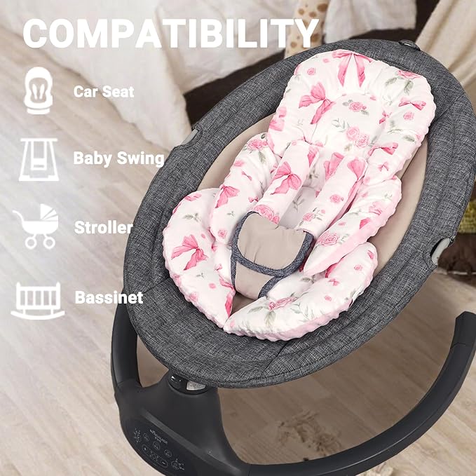 Infant Car Seat Insert Girls, Soft Car Seat Head Support Baby & 2 Strap Pads, Preemie Newborn Carseat Insert Reversible Fits for Stroller, Baby Swing, Rocker, Bassinets, Bouncer, Pink Rose
