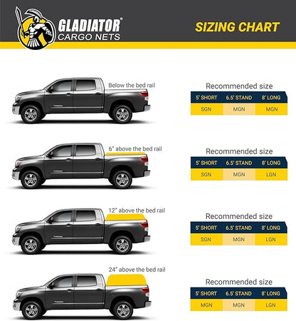GLADIATOR CARGO NETS - Heavy Duty Cargo Net - Truck Accessory - Cargo Carrier -Truck Organizer - Medium-Trailer-Pickup-Boat-Jeep-SUV-Camping-(WLL): 1,500 lbs (MGN-100) 6.75' x 8' ft.