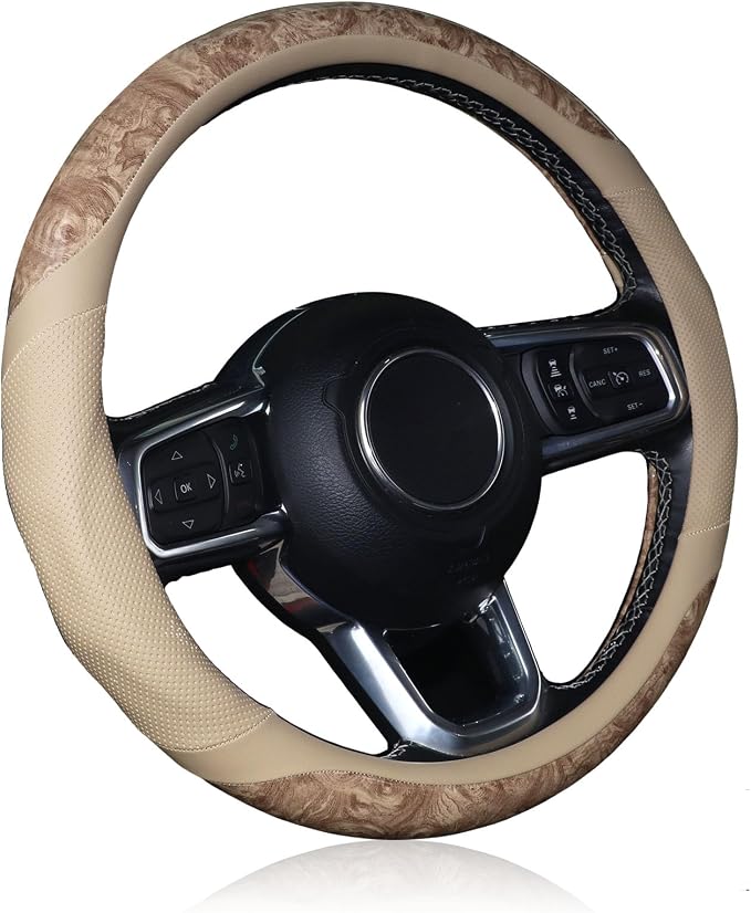 KAFEEK Wood Grain Steering Wheel Cover, Breathable Microfiber Leather, Non-Slip, Universal 14.5-15 inch Steering Wheel Accessory, Beige