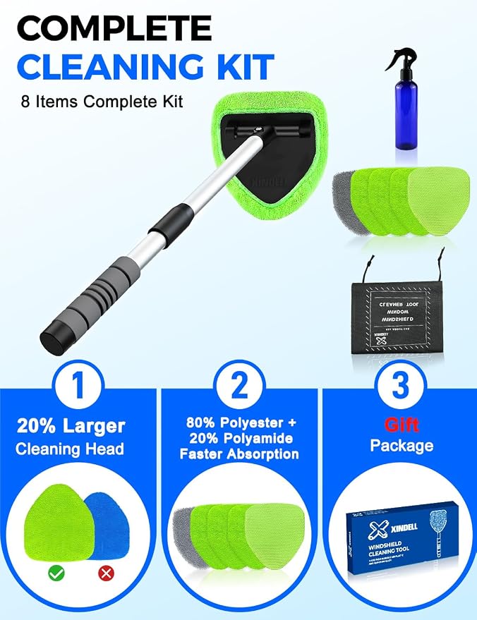 XINDELL 24-inch Windshield Cleaner Tool – Upgrade Large Head Car Interior&Exterior Window Cleaning Kit with Extendable Handle & 4 Microfiber Pads, Auto Wiper Brush for Car, Trucks, SUVs, RVs & Home