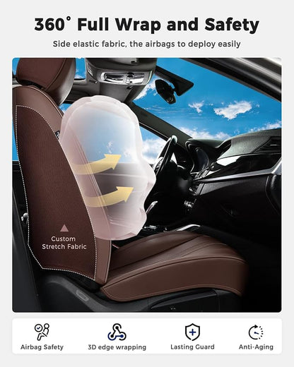 Huidasource Coffee Seat Covers, Luxury Faux Leather Car Seat Cover, Velcro Adjustable, with Airbags, Child Seat, Perforation Cooling＆Heating, Universal Fit for Most Cars, Vans, Trucks, SUVs, Coffee