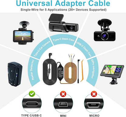Dash Cam Hardwire Kit USB C, 12V-24V to 5V/3A Adapter Power Cable with Voltage Display, 24/7 Parking Mode, Acc Detection, 4-Level Low Voltage Protection (11.6V/11.9V/12.2V/12.5V)