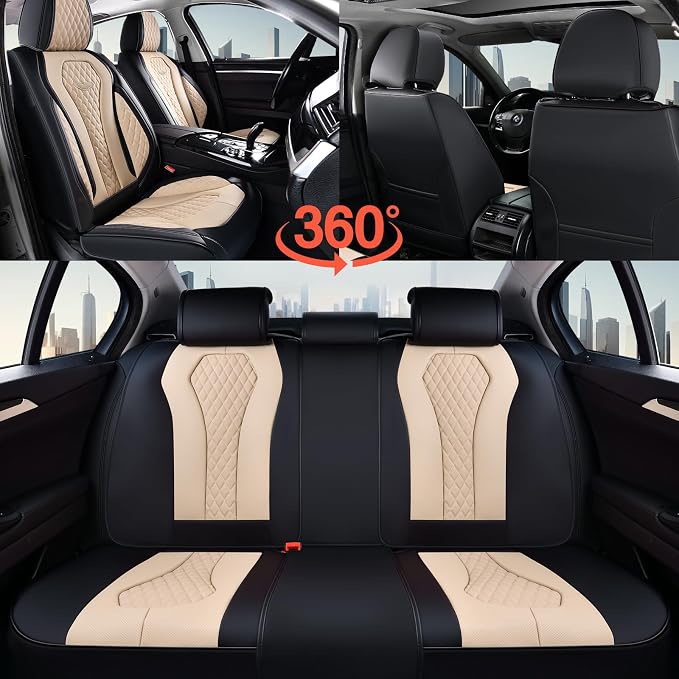 Coverado Car Seat Covers, Leather Seat Covers Full Set, Beige Seat Covers, Car Seat Cushion, Driver Car Seat Covers, Waterproof Car Seat Protector Fit for Most Cars
