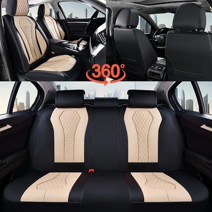 Coverado Car Seat Covers, Leather Seat Covers Full Set, Beige Seat Covers, Car Seat Cushion, Driver Car Seat Covers, Waterproof Car Seat Protector Fit for Most Cars