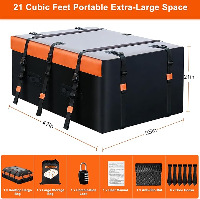 Mupera 21 Cubic Ft Waterproof Rooftop Cargo Carrier Bag for Cars SUVs | Fits With/Without Roof Rack, Anti-Slip Mat & 6 Door Hooks, Lock Included, Soft Shell Top Carrier