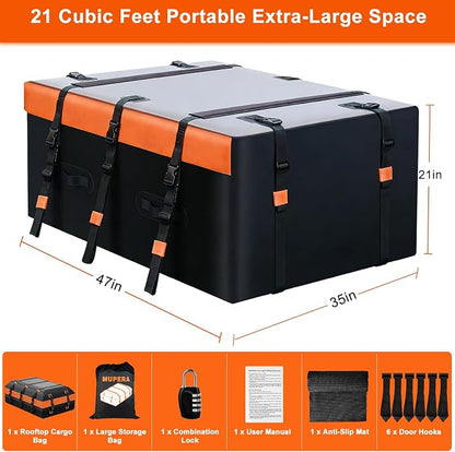 Mupera 21 Cubic Ft Waterproof Rooftop Cargo Carrier Bag for Cars SUVs | Fits With/Without Roof Rack, Anti-Slip Mat & 6 Door Hooks, Lock Included, Soft Shell Top Carrier